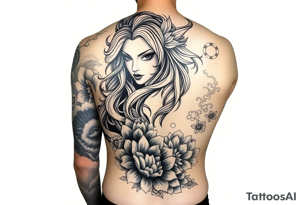 Full sleeve Japanese-inspired tattoo design featuring a beautiful female oni (demon woman) with an elegant, mysterious expression, one hand partially covering her face, long flowing hair integrated into swirling wind and wave patterns, large detailed chrysanthemums and peonies woven through the composition, dynamic negative space with bold black fills and smooth gradients, traditional Japanese cloud and water motifs, high-contrast black and grey with soft shading and sharp linework, balanced composition wrapping around the arm, modern neo-Japanese illustrative style. tattoo idea