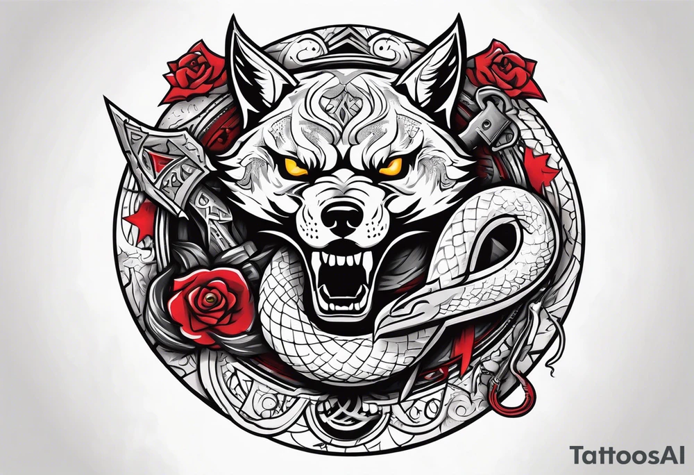 A skull, a Wolf and a Snake making a circle, insider a Hammer and a thunder tattoo idea