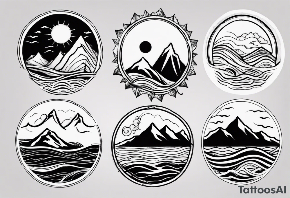 sleeve, mountains, waves, sun tattoo idea