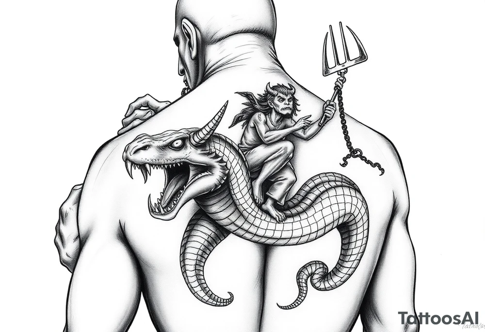 A giant ugly man at tall as a sky scraper holding a chain with a snake and something with devils horns ridding the snake both being slaves the snake has a wide shaped cobra head with goat horns and  a mouth full of sharp teeth and long fangs like a saber tooth tiger with the demonic guy riding on the back of snake with a pitch fork in 1 hand tattoo idea