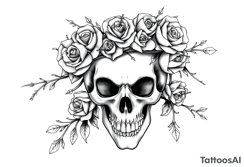 ornate skull adorned with crown of wild roses and thorns tattoo idea