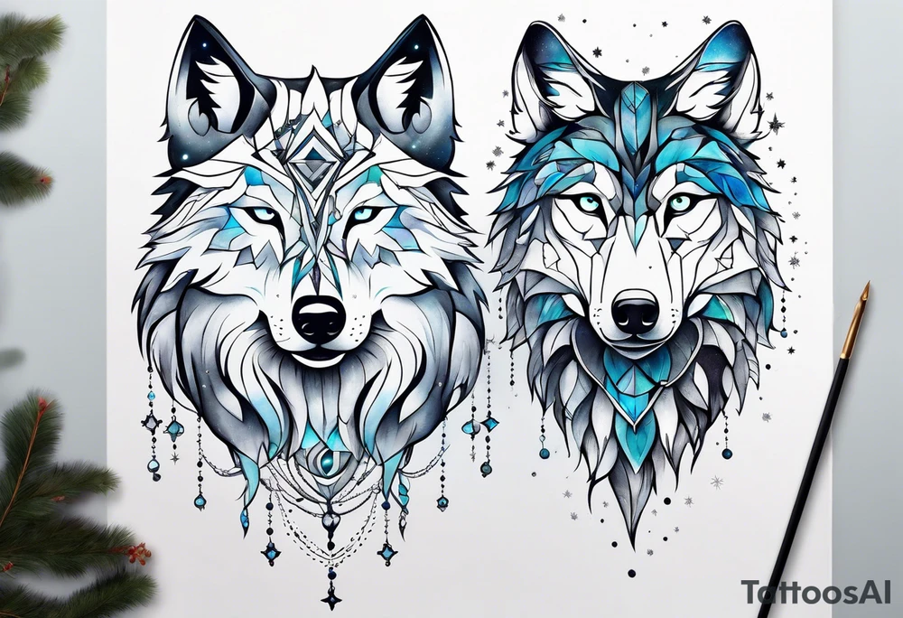 Constellation, two animal wolf, snowflake tattoo idea