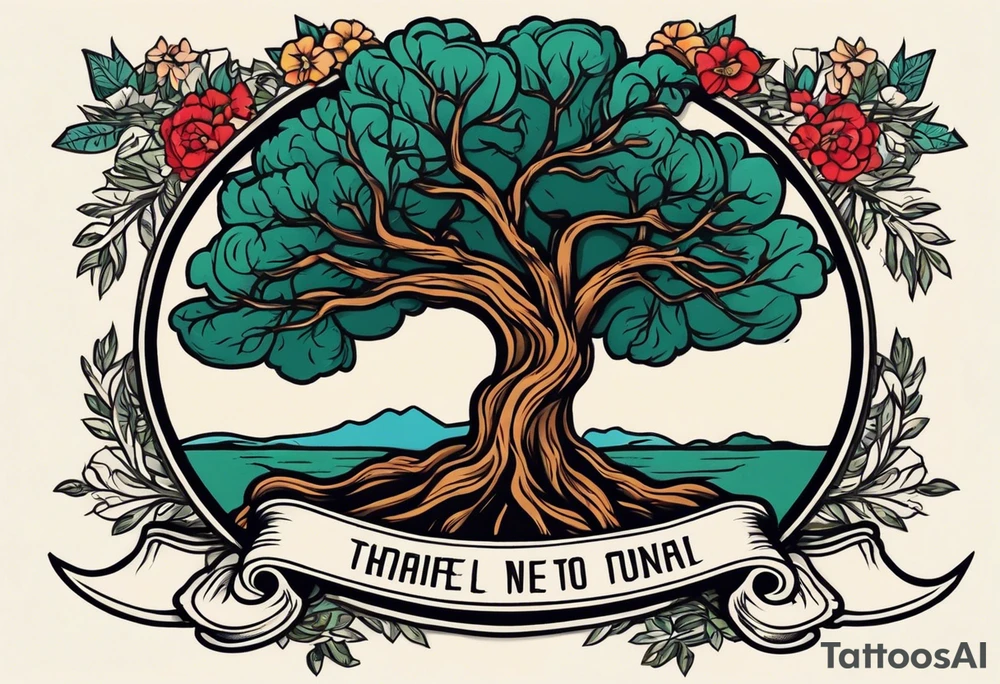 tree with roots 
and banner across

old school vintage simple traditional design with vintage flowers surrounding
bold color simple tattoo idea