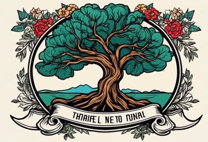 tree with roots 
and banner across

old school vintage simple traditional design with vintage flowers surrounding
bold color simple tattoo idea