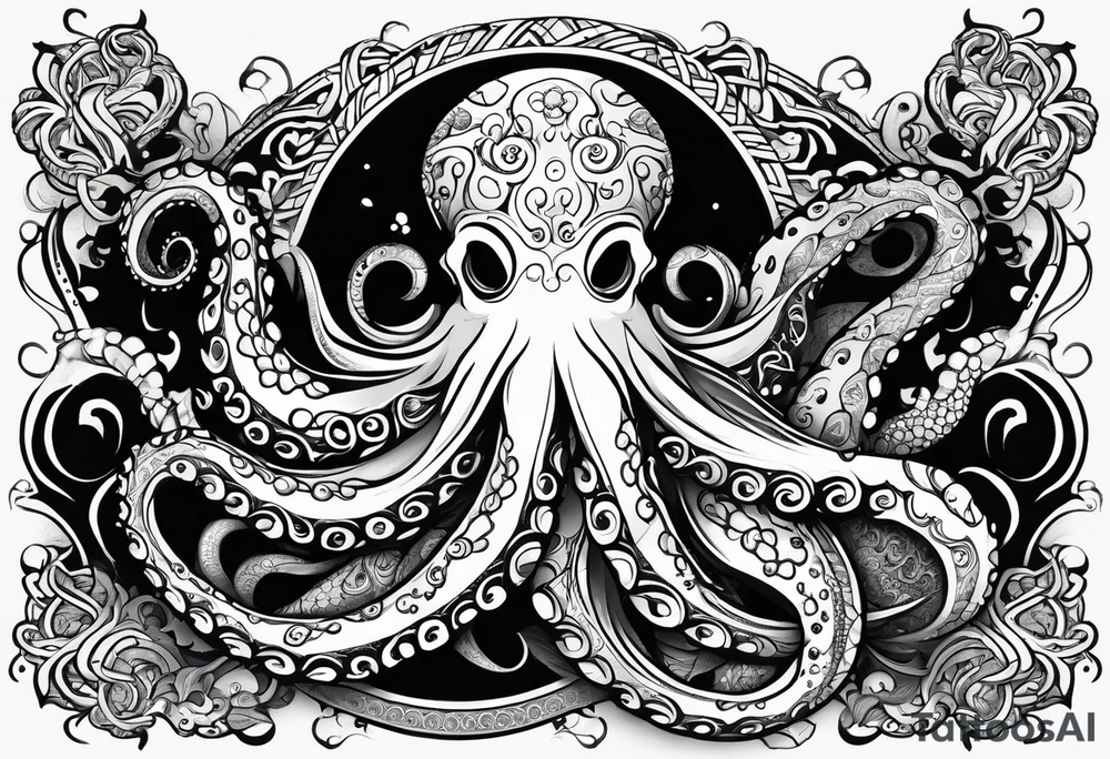 Tribal half sleeve octopus with fish and water waves around it and a sea turtle inside the octopus head tattoo idea