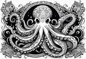 Tribal half sleeve octopus with fish and water waves around it and a sea turtle inside the octopus head tattoo idea
