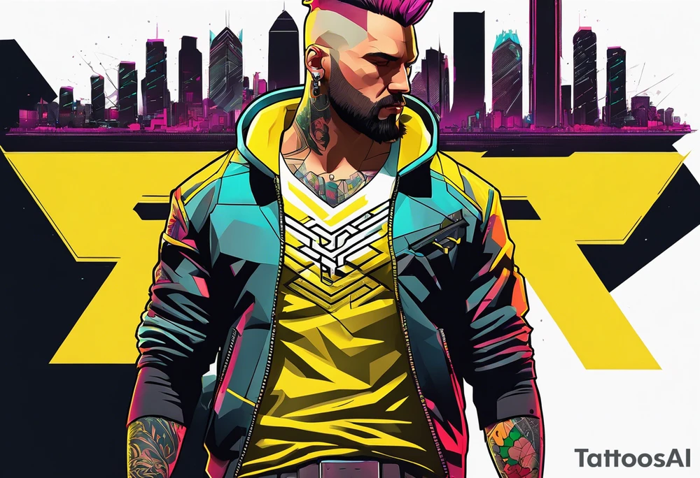 cyberpunk 2077, chest tattoo, geometric, subtle, men, city skyline, 4k tattoo idea