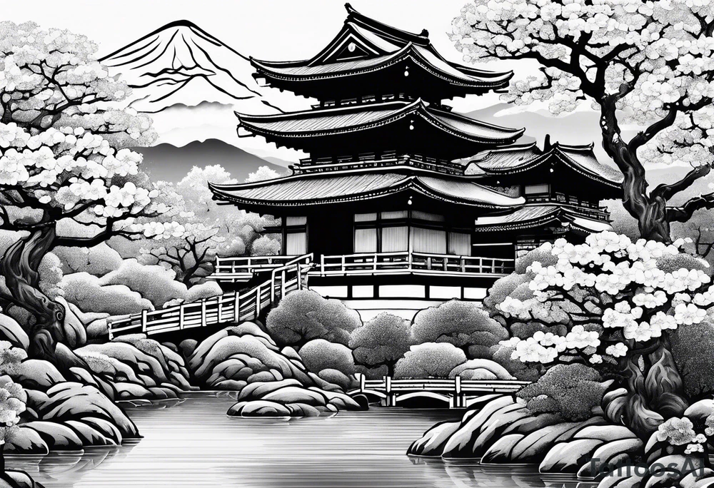 Traditional Japanese temple, Sakura tree, small river , tiger , dragon tattoo idea