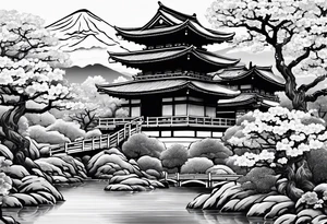 Traditional Japanese temple, Sakura tree, small river , tiger , dragon tattoo idea