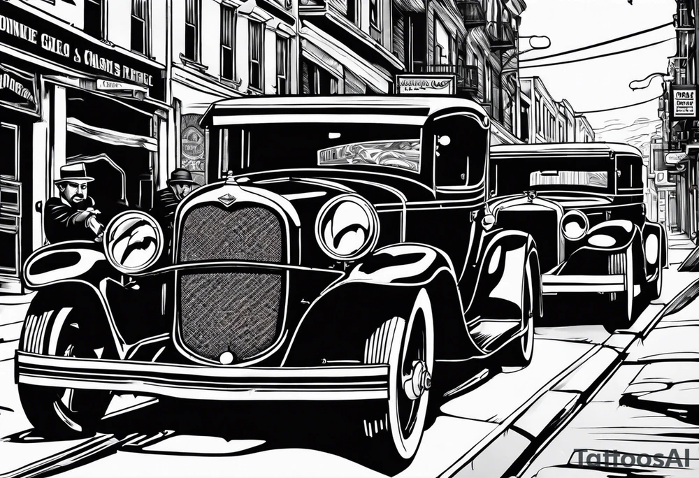 untouchables style gangsters fighting on a 1930s city street, Al capone, bugsy segal, bonnie and clyde, include machine guns, smoke and fire tattoo idea