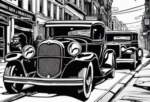 untouchables style gangsters fighting on a 1930s city street, Al capone, bugsy segal, bonnie and clyde, include machine guns, smoke and fire tattoo idea