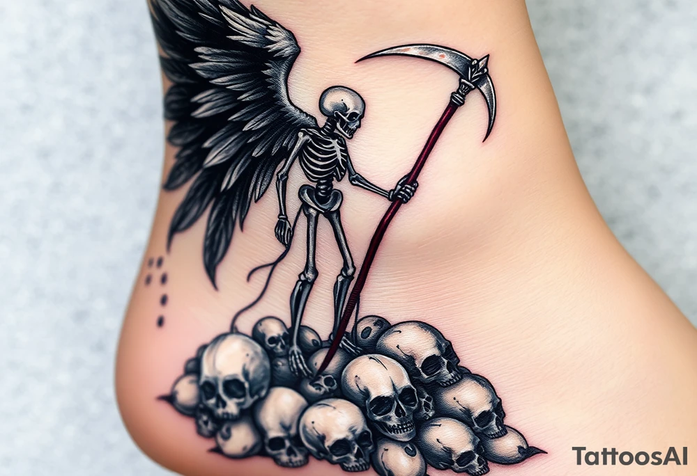 A skeletal angel standing on a pile of skulls, with black and gray feathers, and dark, brooding shadows with hints of metallic silver on the scythe. tattoo idea