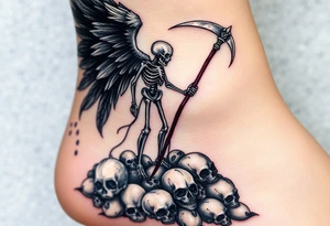 A skeletal angel standing on a pile of skulls, with black and gray feathers, and dark, brooding shadows with hints of metallic silver on the scythe. tattoo idea