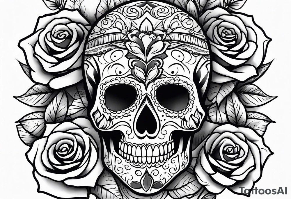 Day of the dead skull and roses tattoo idea