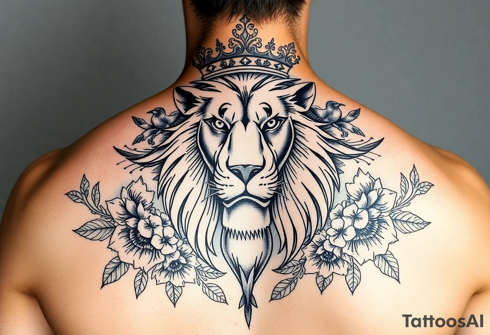 powerful majestic lion with a crown, surrounded by floral ornaments and birds tattoo idea