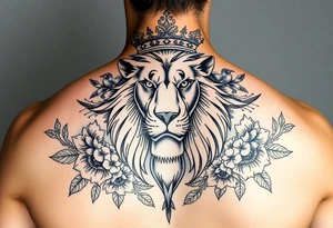 powerful majestic lion with a crown, surrounded by floral ornaments and birds tattoo idea