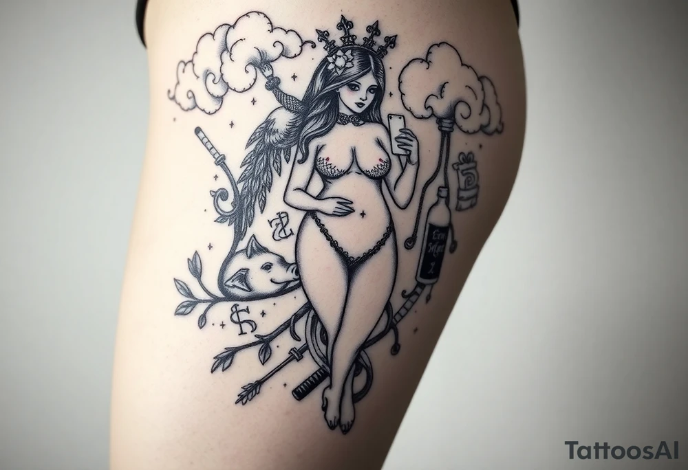Storm clouds seven deadly sins and sexy naked fat woman, peacock, money ,pig , cigerette, cake, liquor bottle , sex, mirror razor blades, noose, menatar tattoo idea