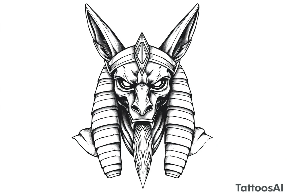 powerful majestic muscle anubis Egyptian god face without eyes with mantle on head tattoo idea
