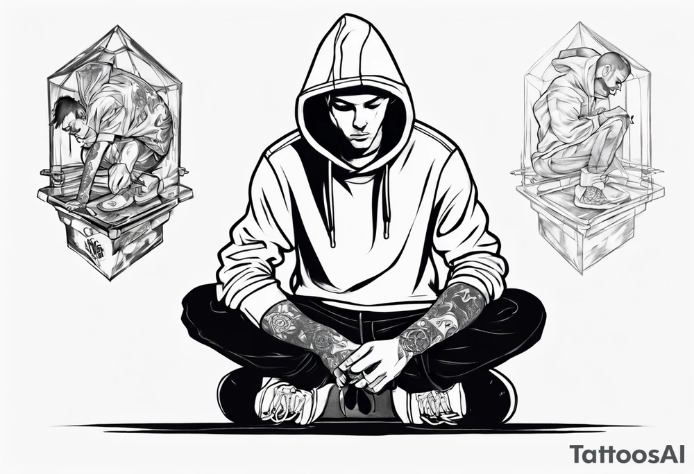 A guy in a hoodie sitting on a box, looking down. tattoo idea A guy in a hoodie sitting on a box, looking down. tattoo idea