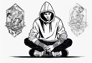 A guy in a hoodie sitting on a box, looking down. tattoo idea