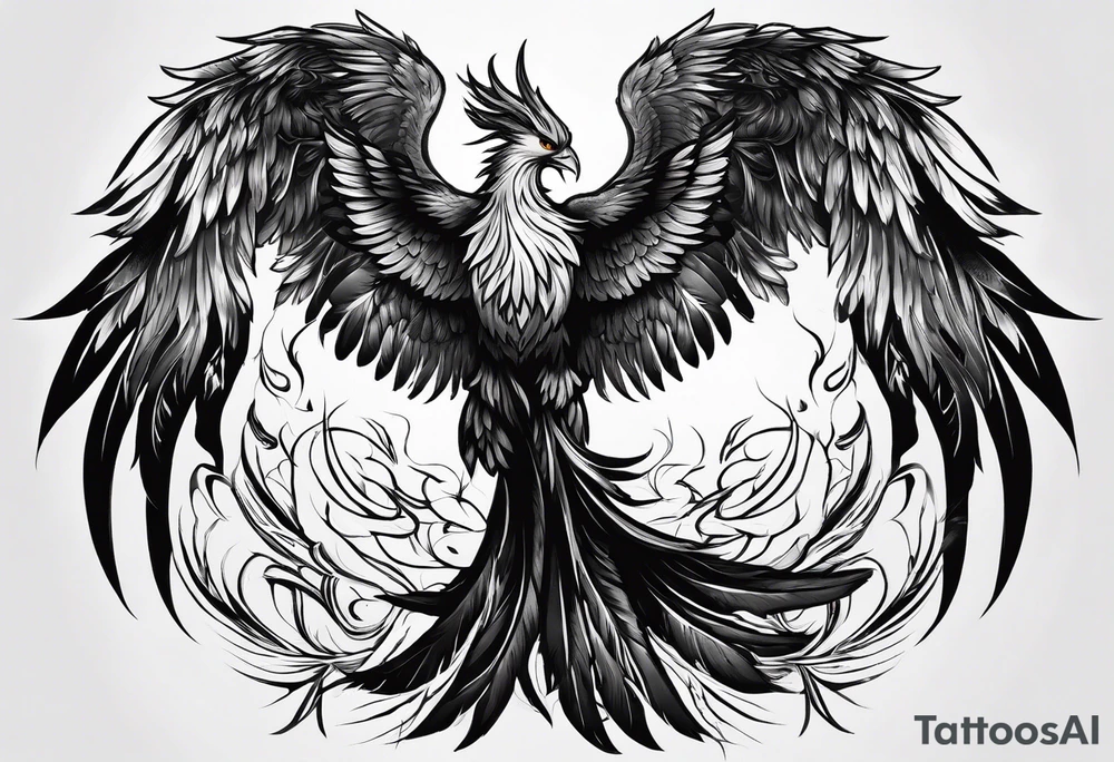 a phoenix rising from the ashes, with an angel opening its wings on the background tattoo idea