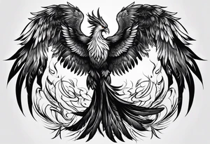 a phoenix rising from the ashes, with an angel opening its wings on the background tattoo idea
