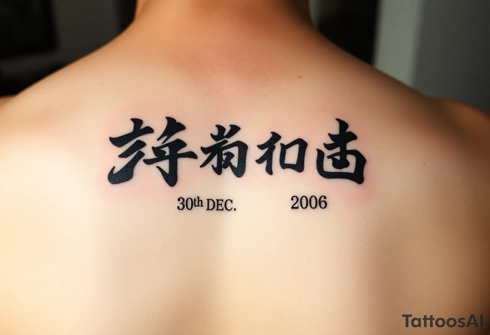 The date 30th of December 2006 in kanjis style sosho with thick lines filled with shading and fine lines tattoo idea