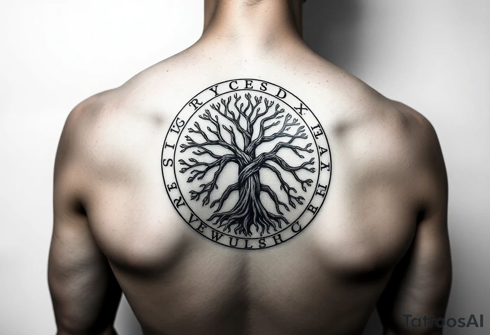 yggadrisl tree of life with circle of runes tattoo idea