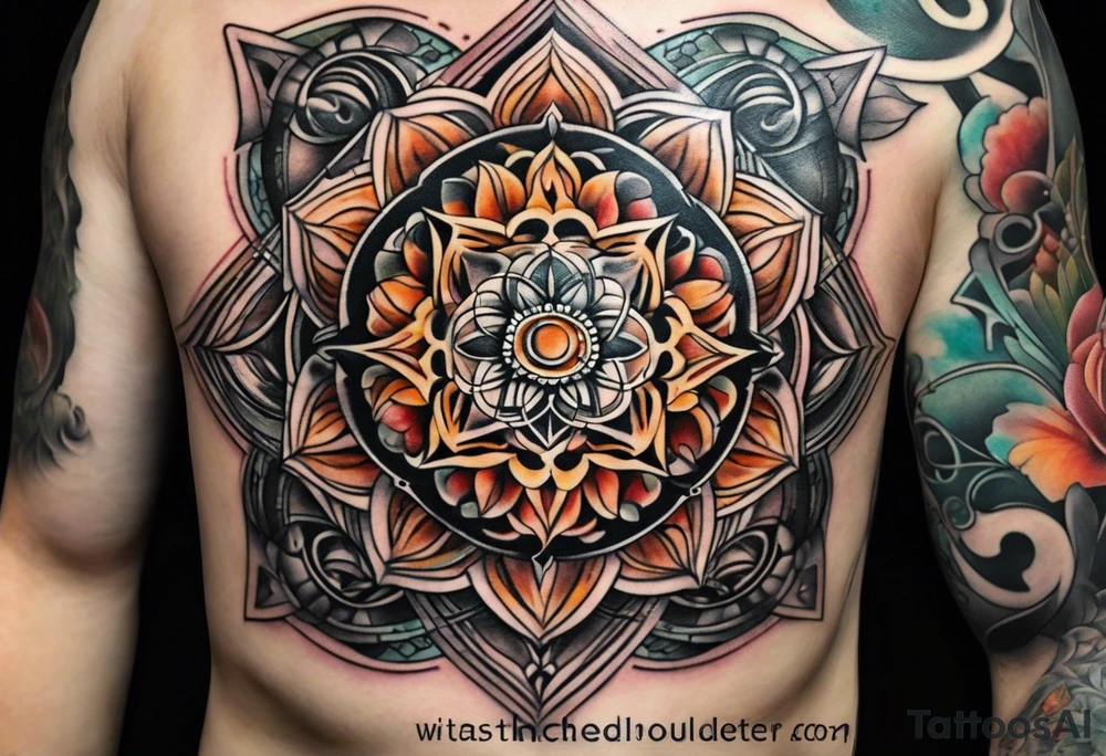 front knee tattoo with sacred geometry, swirls & washes, background and in fall colors tattoo idea