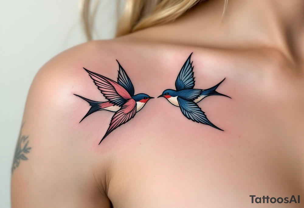 Stylized swallows in dusty rose and deep blue flying toward each other on each partner back shoulders signify freedom and loyalty. tattoo idea