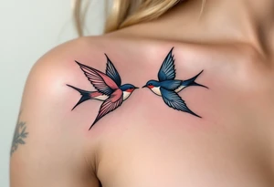Stylized swallows in dusty rose and deep blue flying toward each other on each partner back shoulders signify freedom and loyalty. tattoo idea