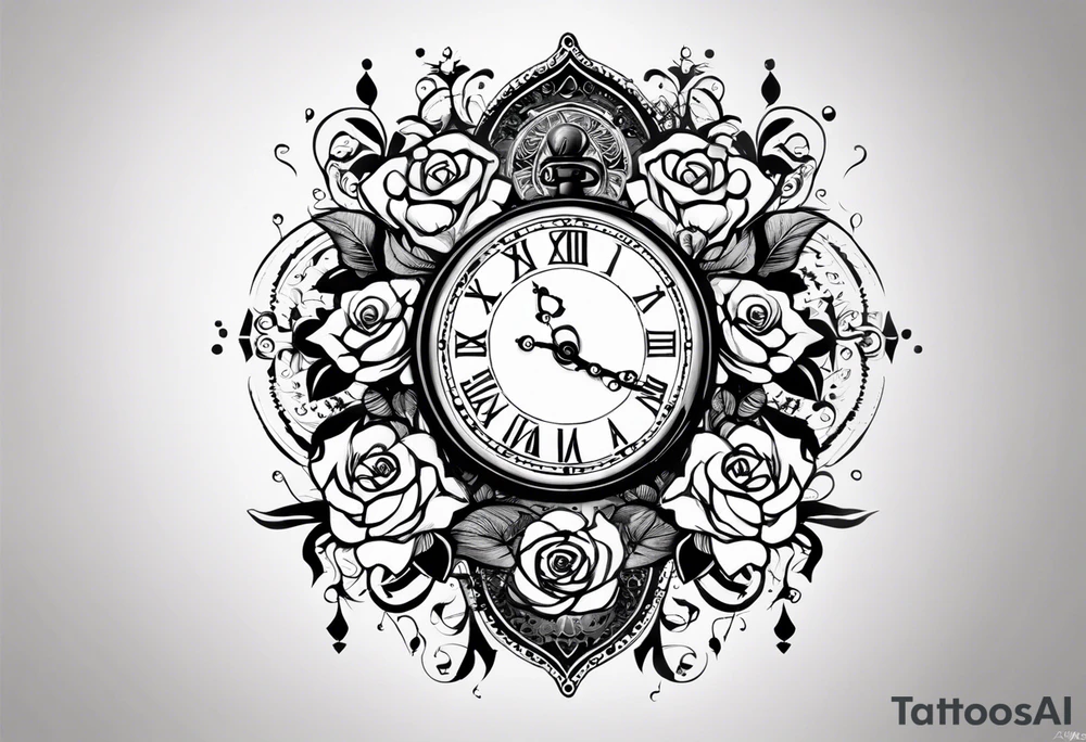 I want a design to print on t-shirts. The design is an hourglass with a wristwatch in the middle with Amazigh numbers, and this watch is surrounded by planets and Ashulk roses,
tattoo for all arms. tattoo idea