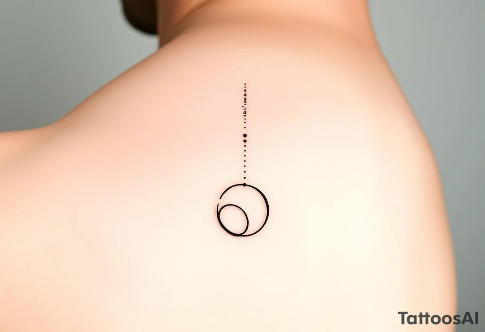 Minimalist forearm tattoo, black ink only, representing legacy and father-son connection. Two interlocking circles along an ascending abstract path, one fading at the bottom (father) and one growing solid at the top (son), symbolizing the torch passed. Fine particles rising along the line show guidance and energy. Subtle abstract figure of father integrated above. Include date VI·IV·MMXXIII and optional phrase “Building what he couldn’t”. Clean, fine-line, vertical layout for forearm, minimal yet deeply emotional. tattoo idea