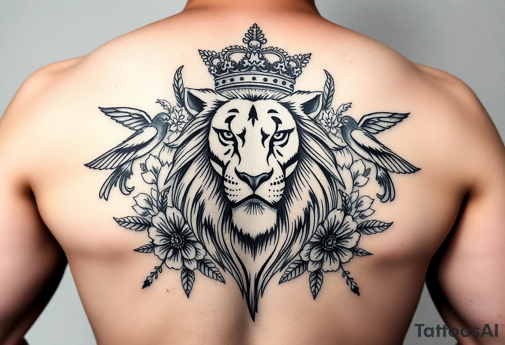 powerful majestic lion with a crown, surrounded by floral ornaments and birds tattoo idea