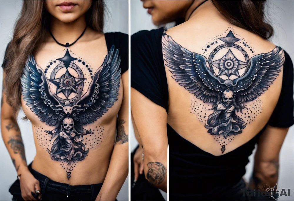 black kali, goddess pirate, alien, angel, pachamama, valkrye, warrior, flying, skull, lotus azul, wing, eagle, zenza resonance, stars, 5D, anahata chakra, death, durga, riding on a tiger, flying lady, kundalini, chest tatoo tattoo idea