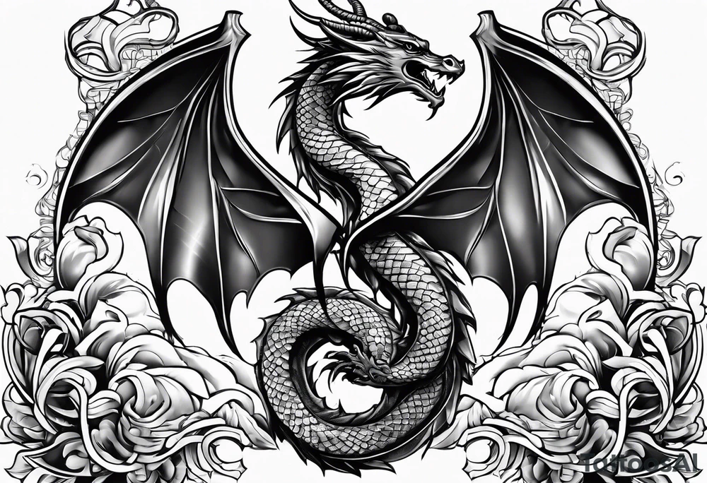 caduceus; intricate fine line and abstract with realism replace snakes with eastern dragons sleeve piece tattoo idea