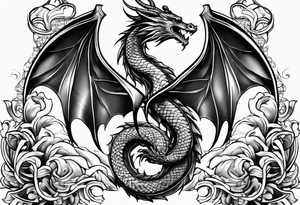 caduceus; intricate fine line and abstract with realism replace snakes with eastern dragons sleeve piece tattoo idea