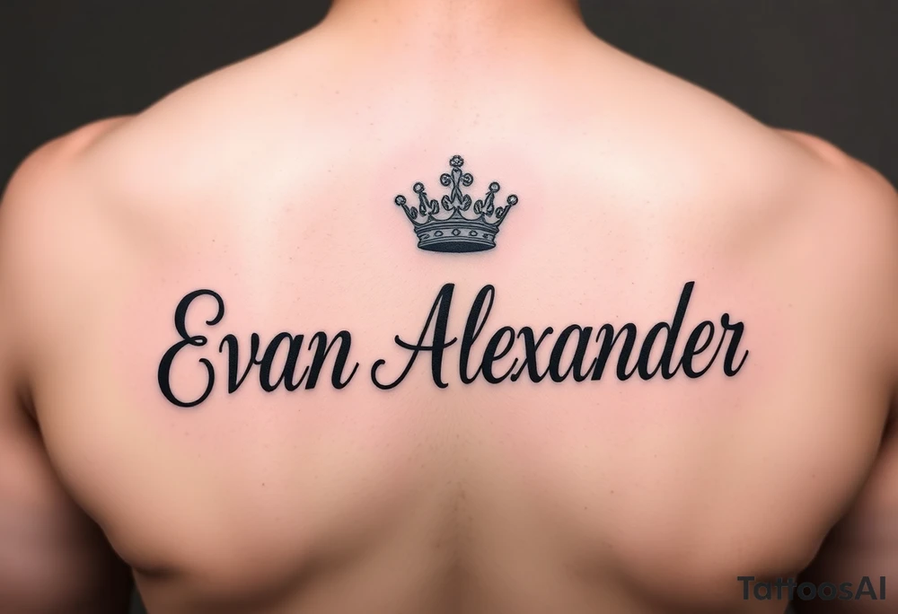 Name tattoo that says Evan Alexander with a crown on forearm tattoo idea