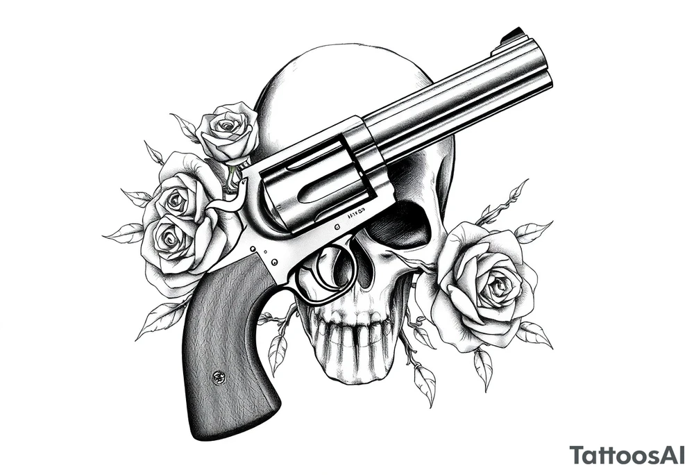 A vintage revolver intertwined with thorny roses, beneath a skull's shadow. tattoo idea