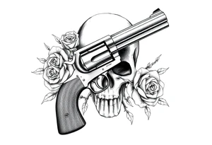 A vintage revolver intertwined with thorny roses, beneath a skull's shadow. tattoo idea
