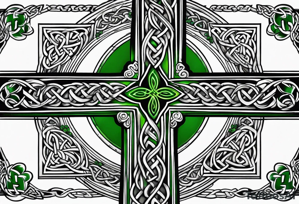 Celtic cross shamrocks in center one feather hanging from each side of cross tattoo idea