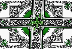 Celtic cross shamrocks in center one feather hanging from each side of cross tattoo idea