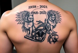 the year 1958 - 2021 with a motorcycle on it with guardian angel wolves tattoo idea