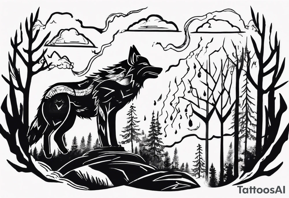 thunderstorm over a forest with a wolf howling on drums tattoo idea thunderstorm over a forest with a wolf howling on drums tattoo idea