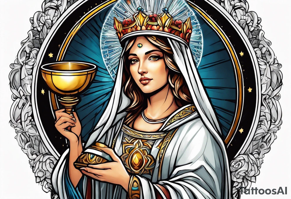 holy saint woman with halo holding a chalice tattoo idea