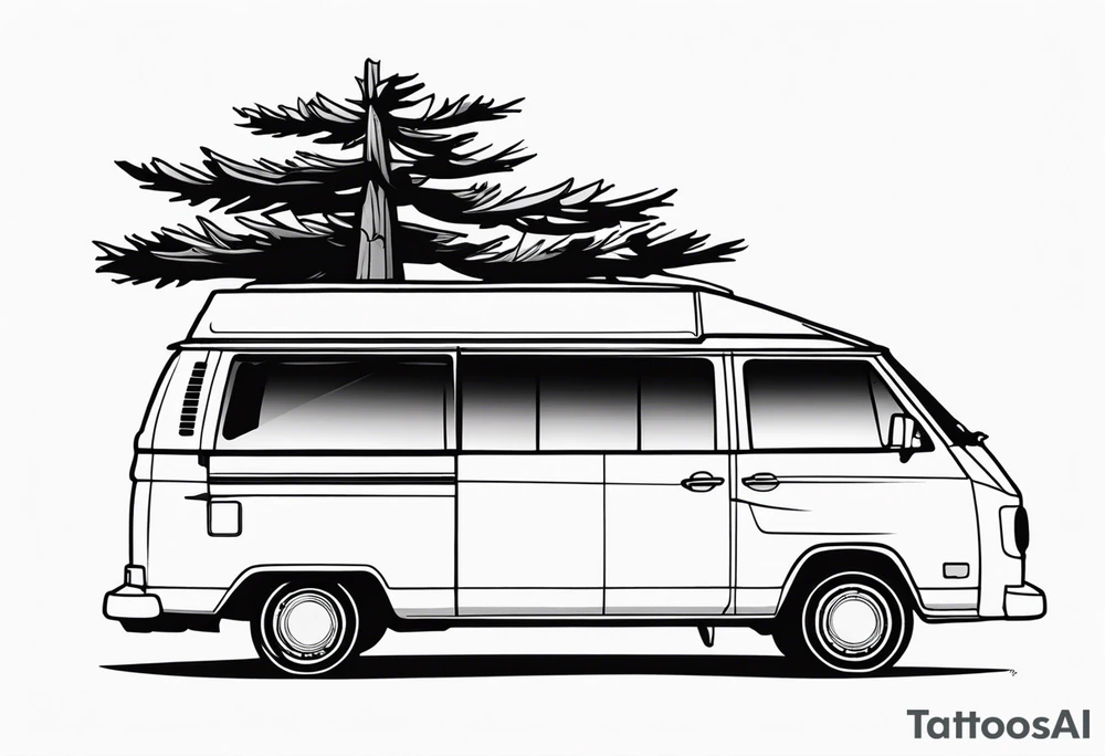 VW california t6 in Front of a pine tree on a beach tattoo idea