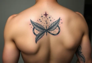 infinity symbol woven with floating feathers and stardust tattoo idea