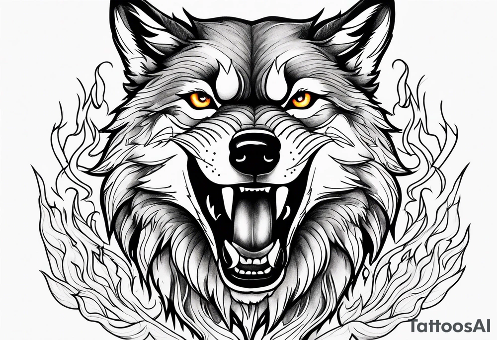 Wolf rising from flames tattoo idea