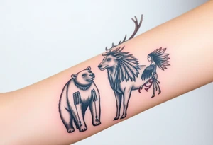 Indigenous, Majestic, and Powerful male Goliath Grizzly Bear and an Indigenous, Majestic, and Powerful King Elk standing guard for an Indigenous, Majestic, and Powerful Raven haired Warrior Squaw tattoo idea