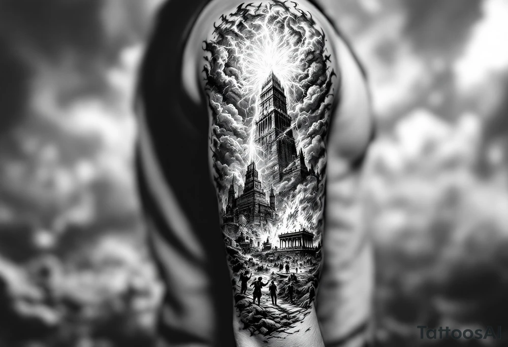 this will be a right arm sleeve.

A crumbling tower struck by lightning, with people scattering in chaos.
Fire raining down from heaven on a burning city, with smoke rising.
A blazing altar with fire falling from heaven
 Floodwaters overtaking the earth, with an ark in the distance. tattoo idea